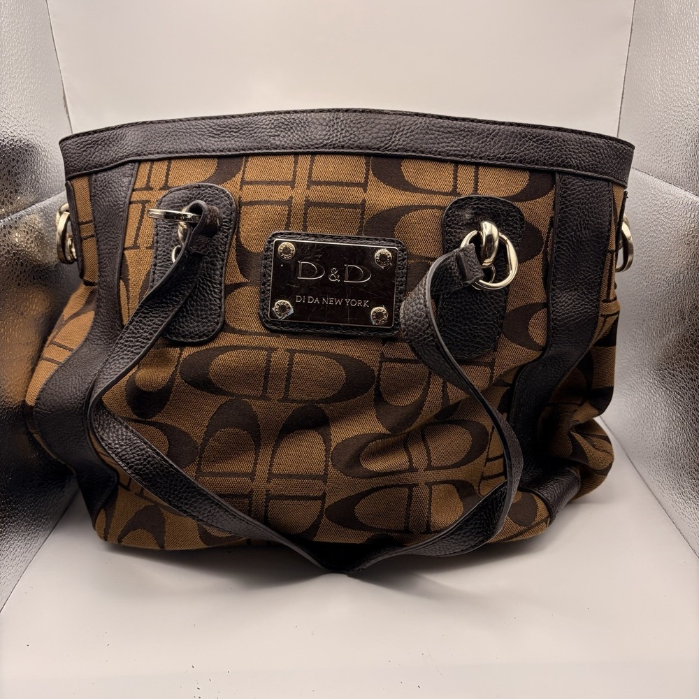 D&D Dida New York Brown Monogram Satchel Shoulder Bag Large Canvas Handbag